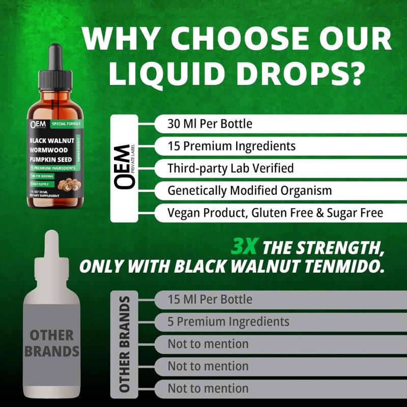 Black Walnut Drops Factory - OEM 15 in 1 Wormwood Oregano Garlic Shilajit