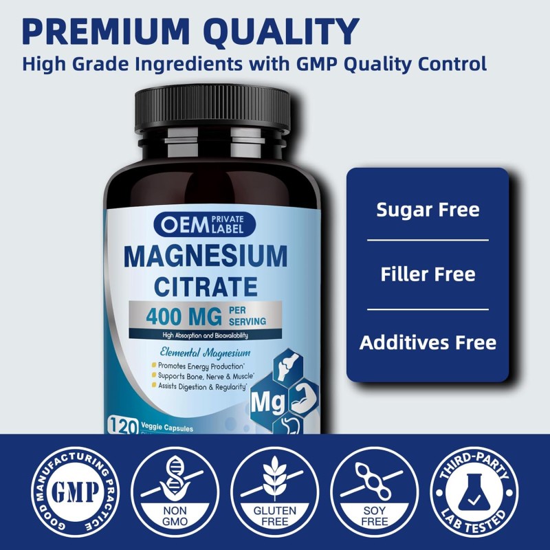 Magnesium Citrate Capsules Supplier - OEM 400mg Energy Bone Nerve Digestion