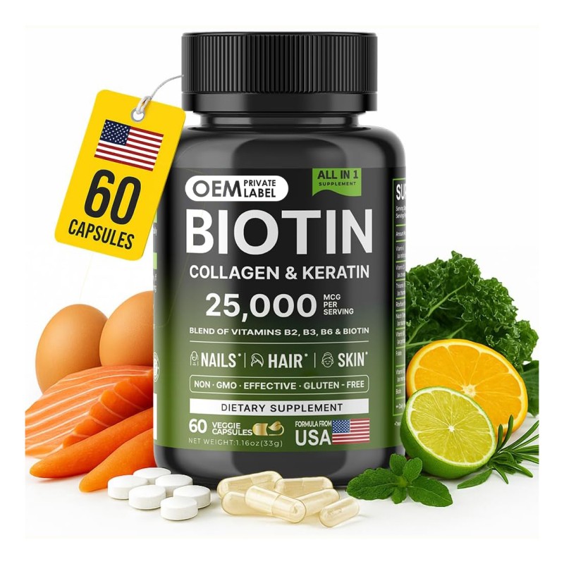 Biotin Capsules Supplier - OEM 25000mcg Collagen Hyaluronic Acid Keratin