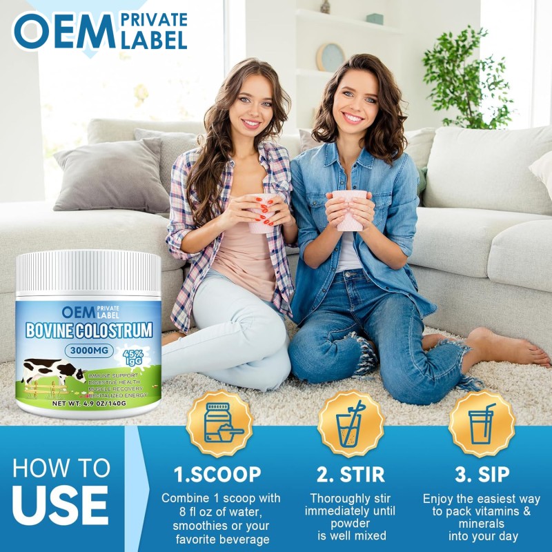 Bovine Colostrum Powder Factory - OEM 3000mg Immunity Gut Health Hair