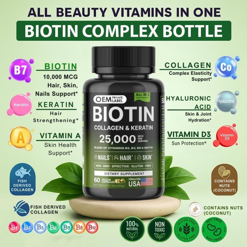 Biotin Capsules Factory - OEM 25000mcg Collagen Keratin B Complex