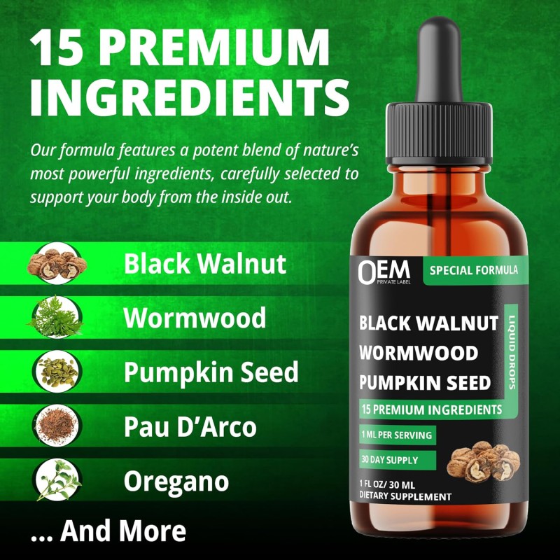 Black Walnut Drops Factory - OEM 15 in 1 Wormwood Oregano Garlic Shilajit