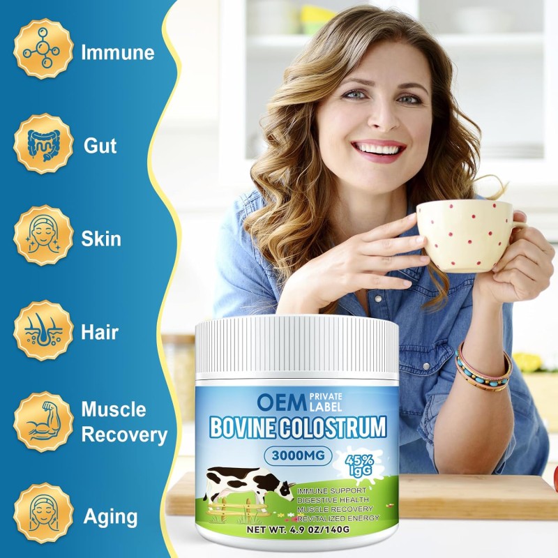 Bovine Colostrum Powder Factory - OEM 3000mg Immunity Gut Health Hair