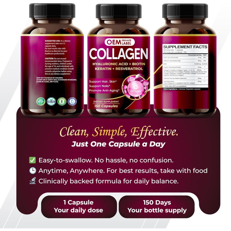 Collagen Capsules Manufacturer - OEM 6419mg Hyaluronic Acid Biotin Keratin