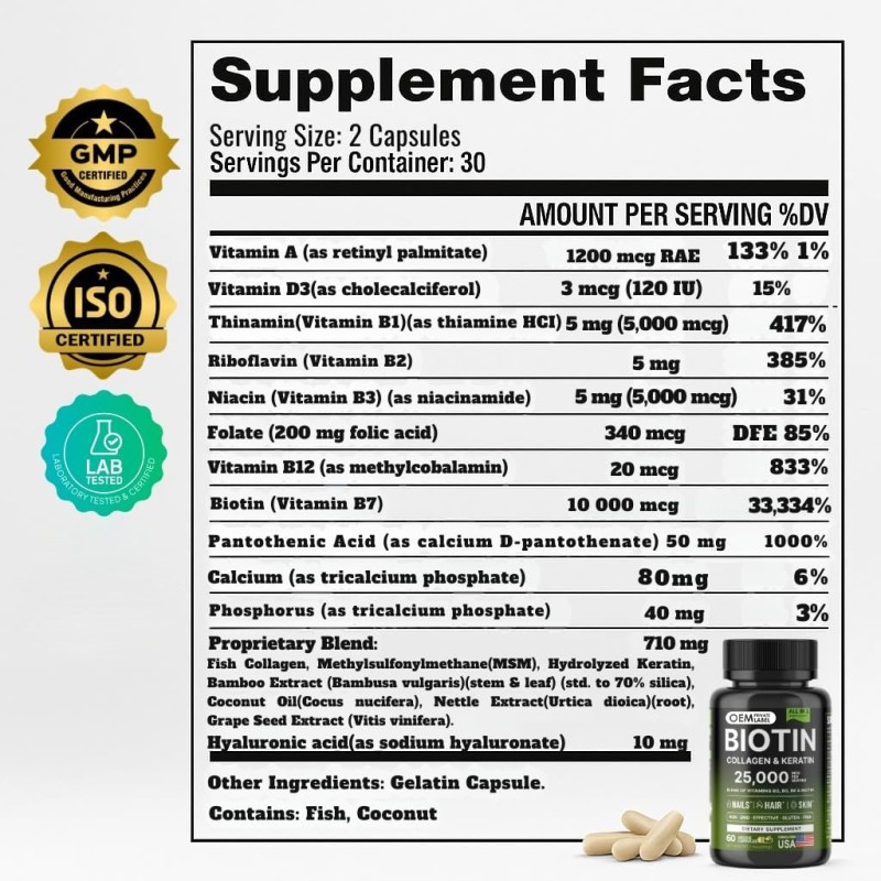 Biotin Capsules Supplier - OEM 25000mcg Collagen Hyaluronic Acid Keratin
