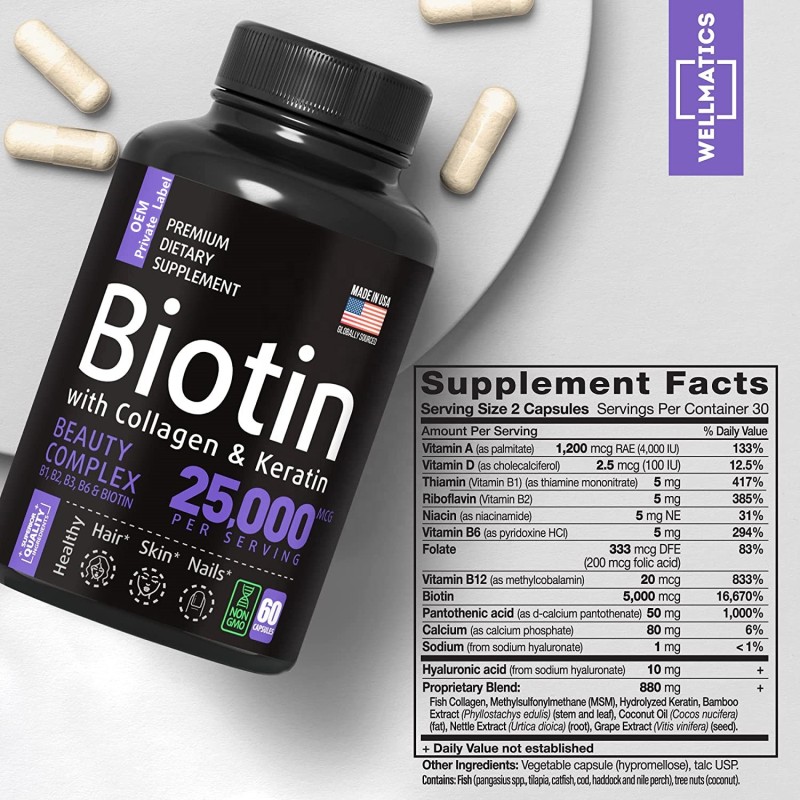 Biotin Capsules Manufacturer - OEM 25000mcg Hair Growth Collagen Keratin
