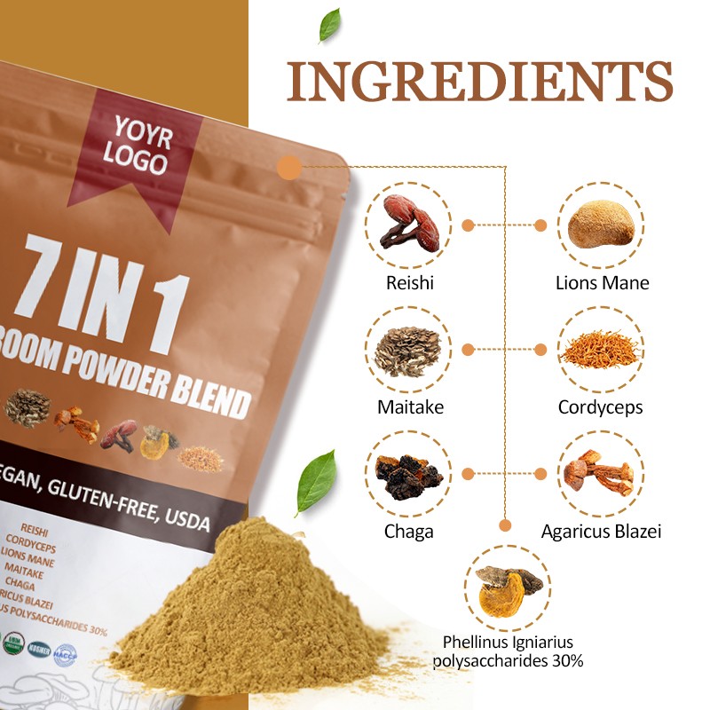 AMULYN 7 in 1 Mushroom Mix 10:1 Powder Reishi Lions Mane Cordyceps Chaga Maitake Mushroom Extract Blend Powder