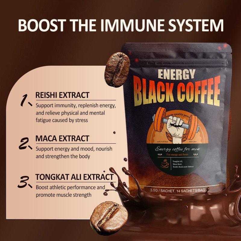 Men's Instant Energy Coffee Powder with Tongkat Ali & Maca Bitter Taste Packaged in a Bag