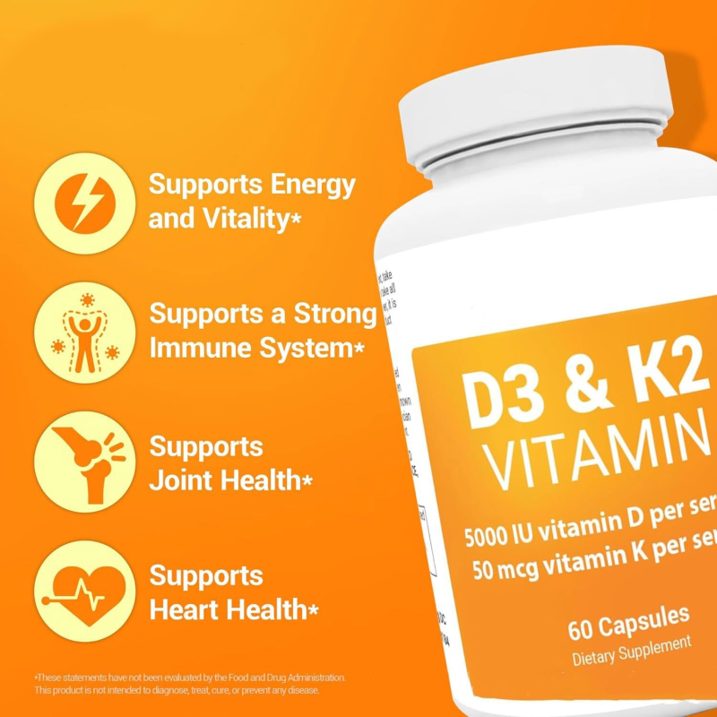 Vitamin D3 K2 Capsules - Vegan Bone Heart Supplement