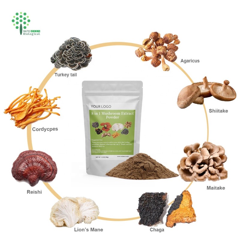 Customized Private Capsules Instant 8 in 1 Mixed Mushroom Powder Lions Mane Reishi Cordyceps Chaga Shiitake Maitake Extract