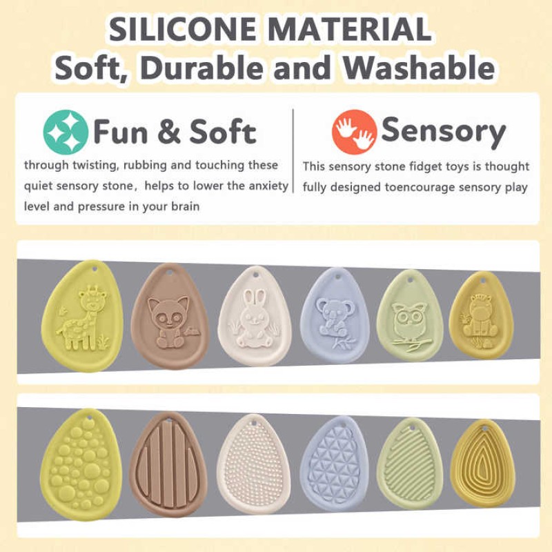Fidget Sensory Stone Supplier - 6Pcs Silicone Textured Worry Stone