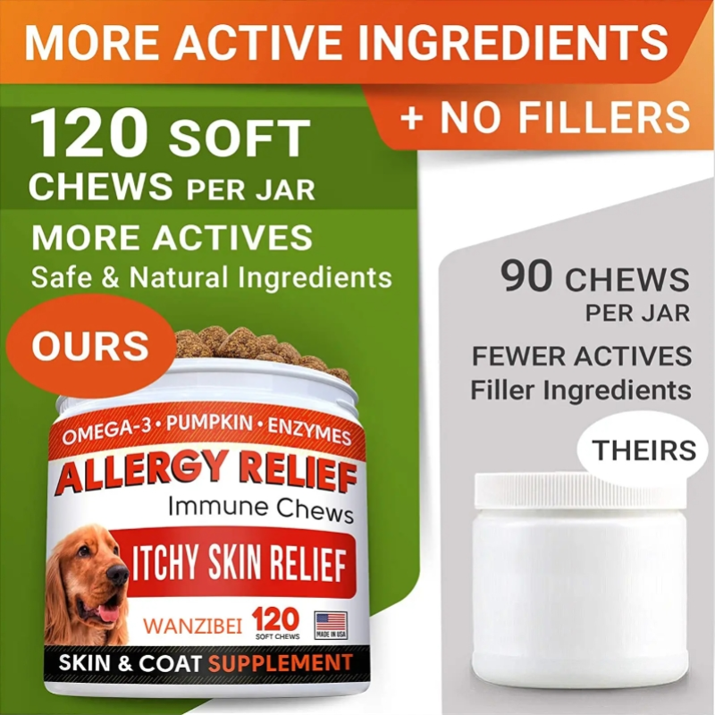Natural Itchy Skin Relief Immune Chews Anti Seasonal Allergy Relief Dog Treats With Omega-3 for Dogs Skin & Coat Supplement