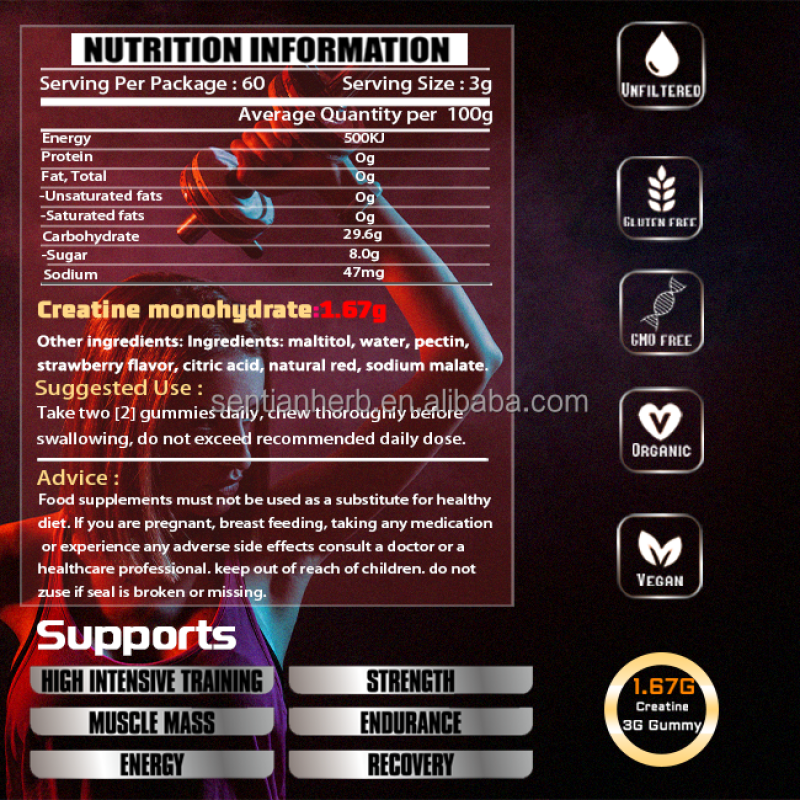 OEM Creatine Monohydrate Gummies Pre Workout Supplement Creatine Gummy for Adult Muscle Strength Energy Support Women