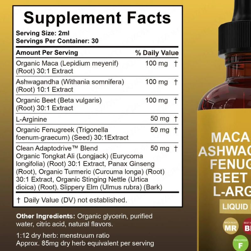 Hot Selling Natural Maca Root Liquid Drops Herbal Ashwagandha Beet Root L Arginine for Adults Men Women Energy Boost