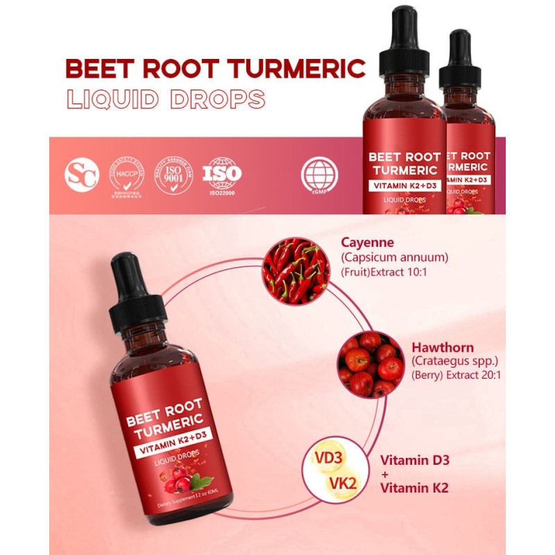 Organic Beetroot Turmeric Liquid Extract - 2 oz Bottle HACCP Certified Vegan Friendly Formula