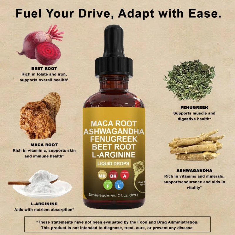 Hot Selling Natural Maca Root Liquid Drops Herbal Ashwagandha Beet Root L Arginine for Adults Men Women Energy Boost