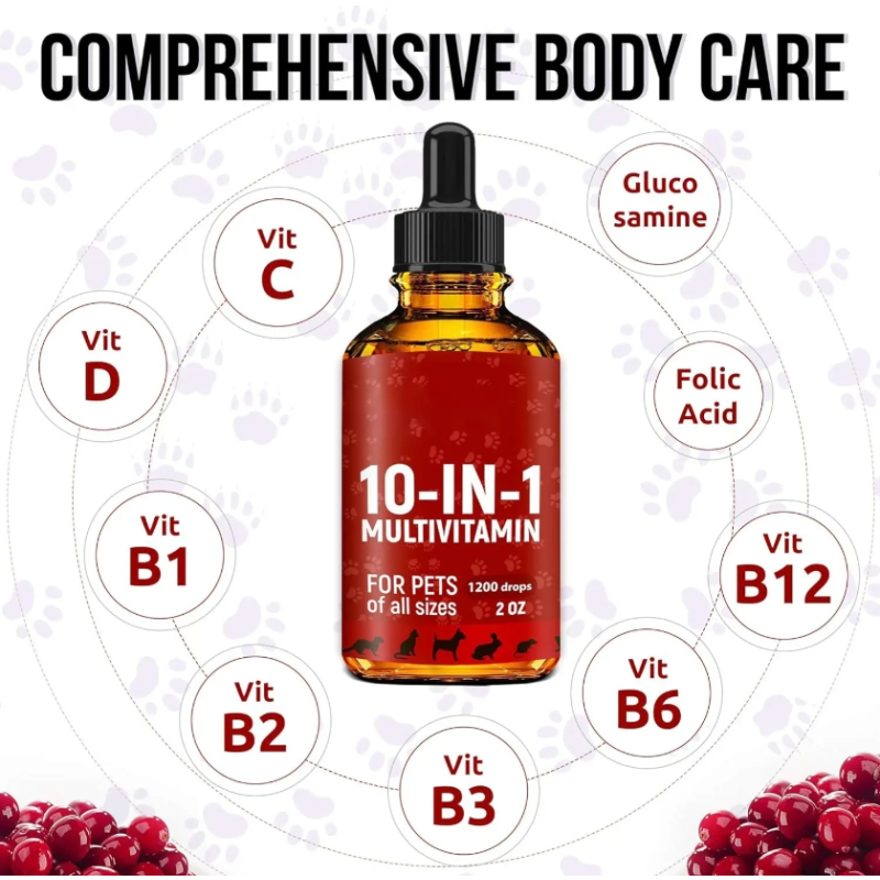 OEM 10 in 1 Cat & Dog Multivitamin Drops Liquid Cranberry Extract Pet Multivitamin Supplements Drops for Hip & Joint Health