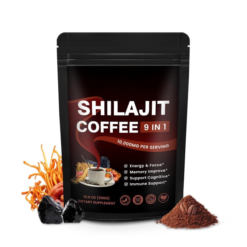 Hot Selling Private Label Shilajit Coffee Powder Energy Drink 9 in 1 Ashwagandha Mushroom Guarana Chaga Cordyceps Ashwagandha