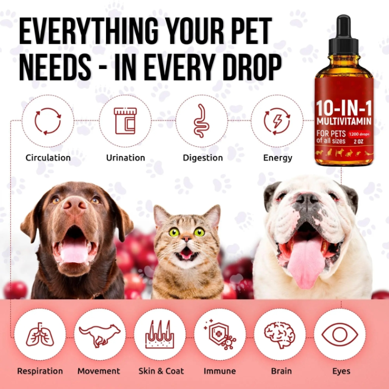 OEM 10 in 1 Cat & Dog Multivitamin Drops Liquid Cranberry Extract Pet Multivitamin Supplements Drops for Hip & Joint Health