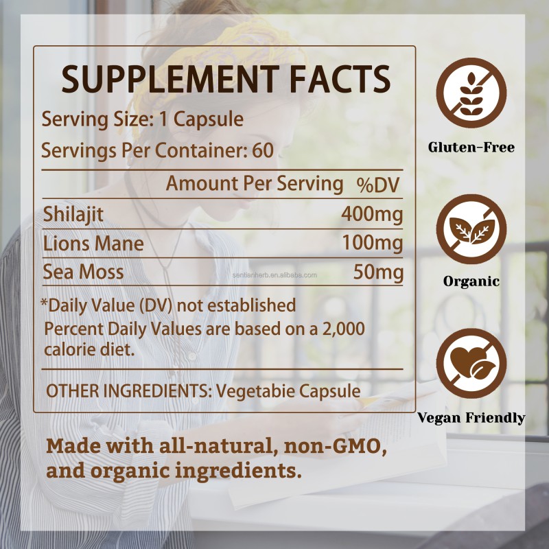 Natural Organic Shilajit Sea Moss Lions Mane Capsules Supplement Pure Organic Shilajit Capsule for Men Adults