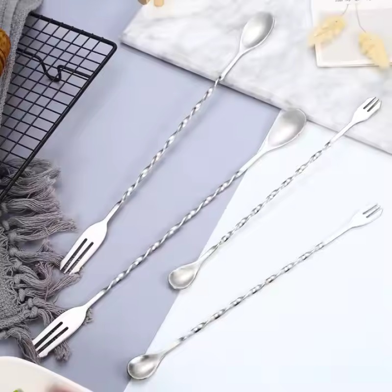 304 Stainless Steel Spiral Stirring Spoon 2 in 1 Double Headed Coffee Stirring Spoon With Fork
