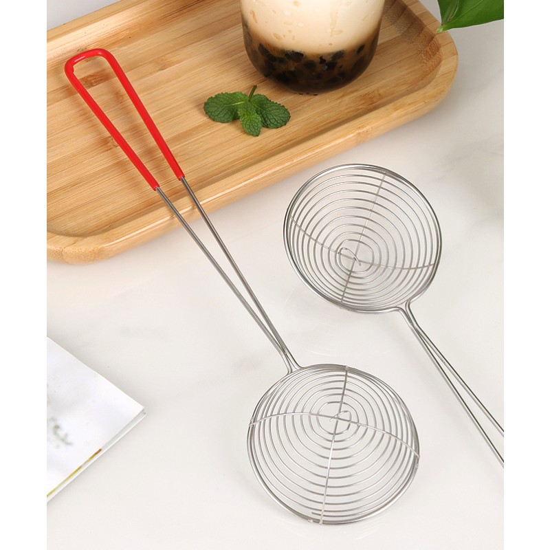Red Handle Stainless Steel Pearl Milk Tea Slotted Spoon Pearl Powder Round Spoon Deepen Net Fishing Milk Tea Shop Supplies
