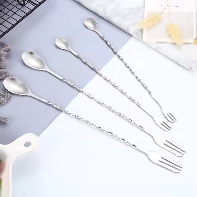 304 Stainless Steel Spiral Stirring Spoon 2 in 1 Double Headed Coffee Stirring Spoon With Fork