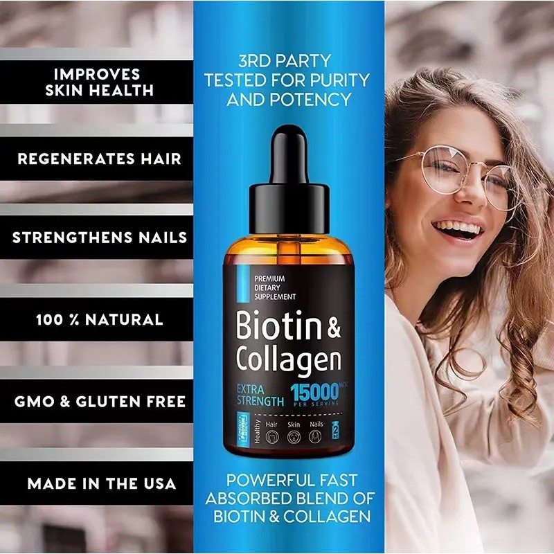 Biotin Collagen Drops Factory - OEM Natural 15000mcg Hair Supplement