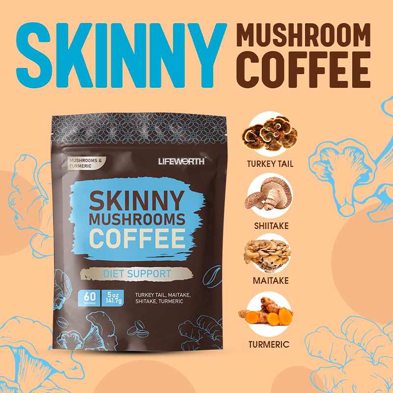 LIFEWORTH Functional Mushrooms Coffee Powder Turkey Tail Skinny Mushroom Instant Coffee