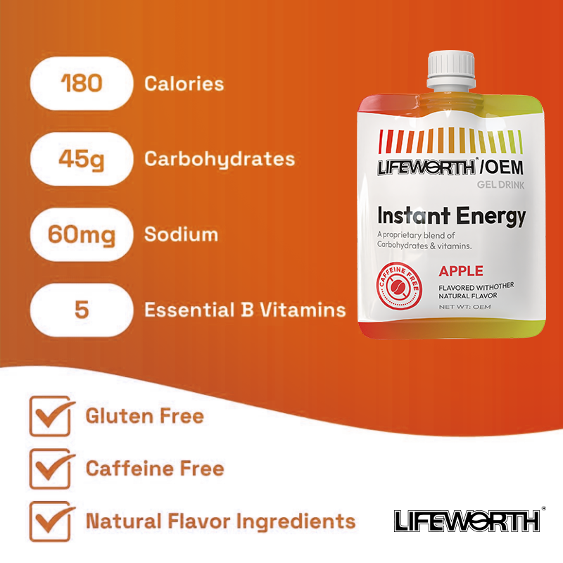 LIFEWORTH Caffeine Free Vitamins Instant Electrolytes Energy Gel Apple Flavor for Running Biking Workout Hiking