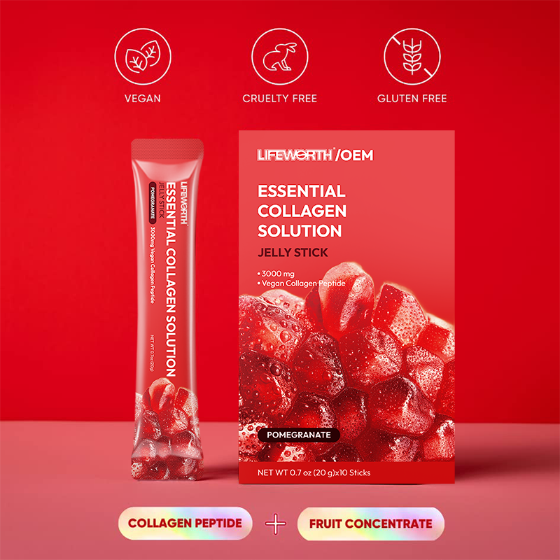 LIFEWORTH Vegan Pomegranate Flavor Collagen Peptide Solution Jelly Stick with Vitamins Minerals for Nail Hair Support Glow
