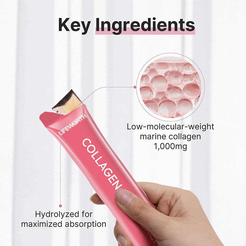 LIFEWORTH Soft Peach Flavor Low Molecular Marine Collagen Peptides Jelly Stick with Vitamins Hyaluronic Acid