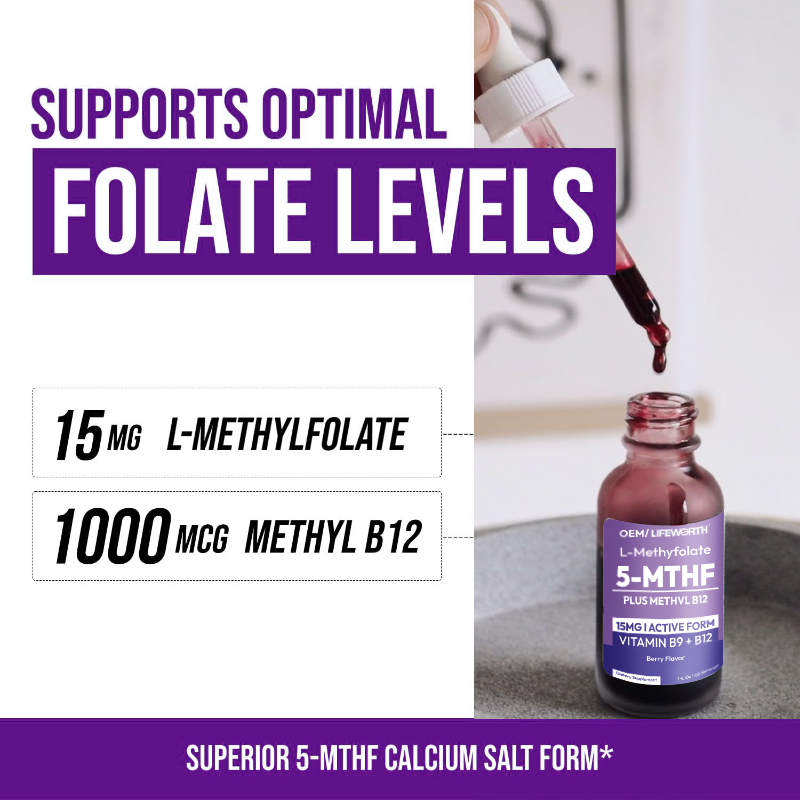 LIFEWORTH Supports Mood L Methyl Folate Vitamins B12 5-MTHF Liquid Drops Berry Flavor