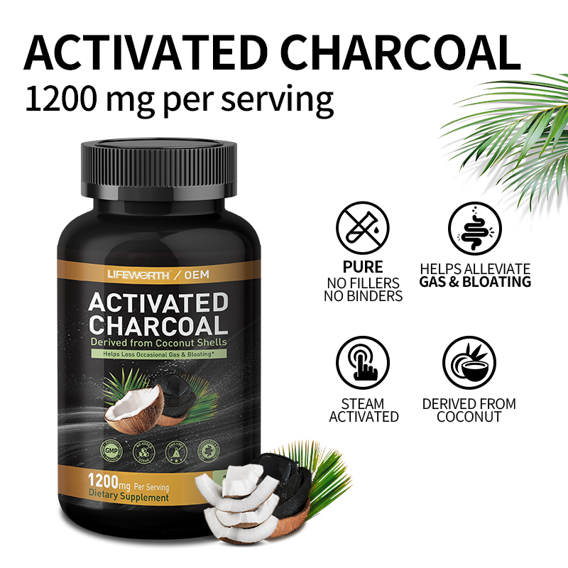 LIFEWORTH OEM 1200mg Coconut Activated Charcoal Vegan Capsules Promotes Natural Detoxification
