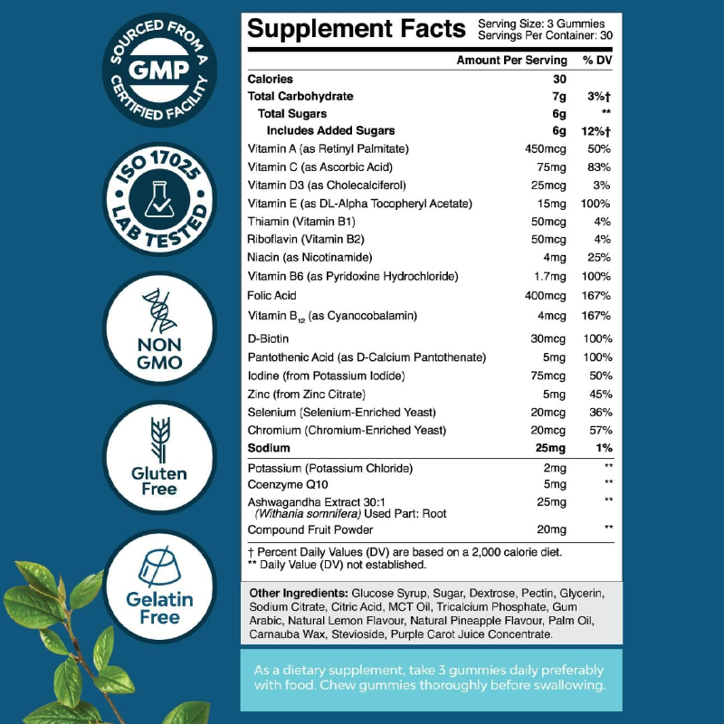 LIFEWORTH Male Daily Nutritional CoQ10 Ashwagandha Men's Multivitamins Gummies for Boost Energy and Immunity