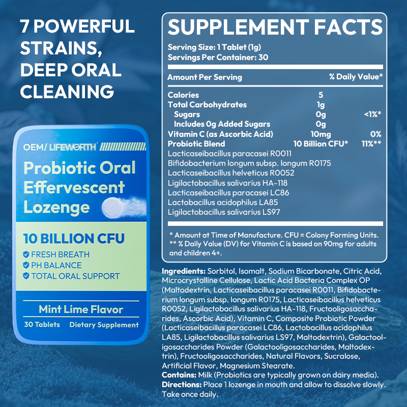 LIFEWORTH Mouth Bad Breath Treatment 10 Billion CFU Tin Dental Probiotics Effervescent Tablets for Teeth and Gums