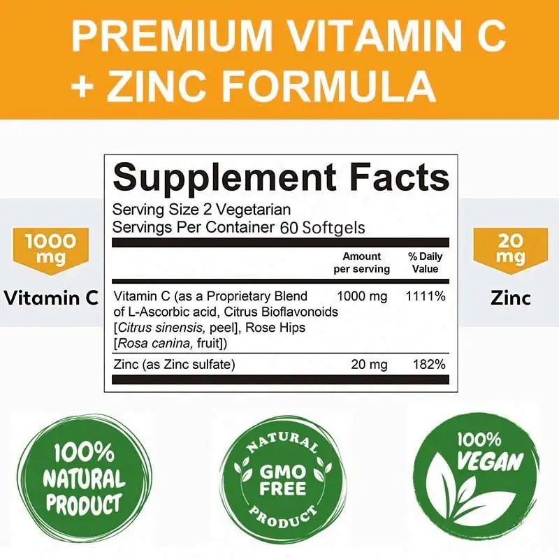 Vitamin C Softgel Factory - OEM Vitamin C Zinc 1000mg 20mg Immune