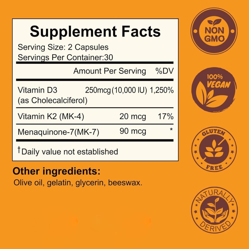 Vitamin D3 K2 Softgel Supplier - OEM Organic 10000IU D3 20mcg K2 Vegan