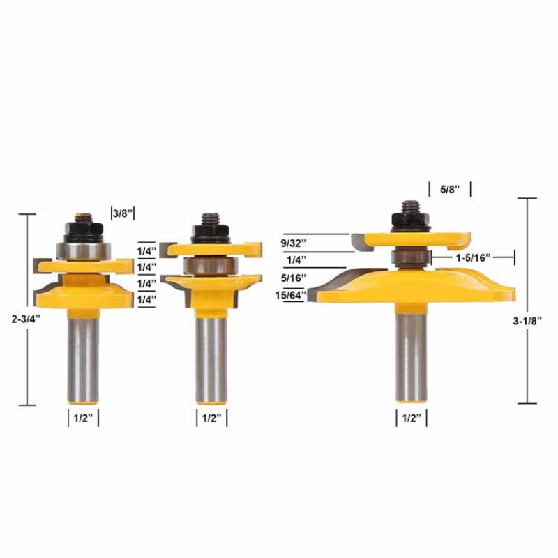 Router Bit Set Factory - 1/2" Shanks Round Over Rail & Stile 3 Bit Set