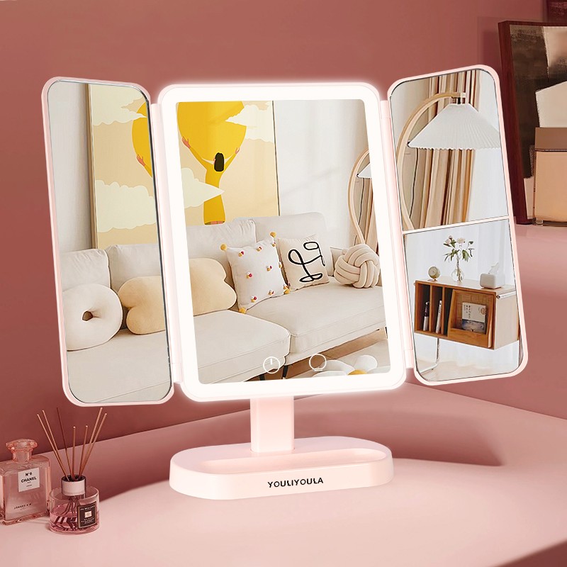 Makeup Mirror Factory - 2024 Top Seller Desktop Trifold Magnified LED Lighted