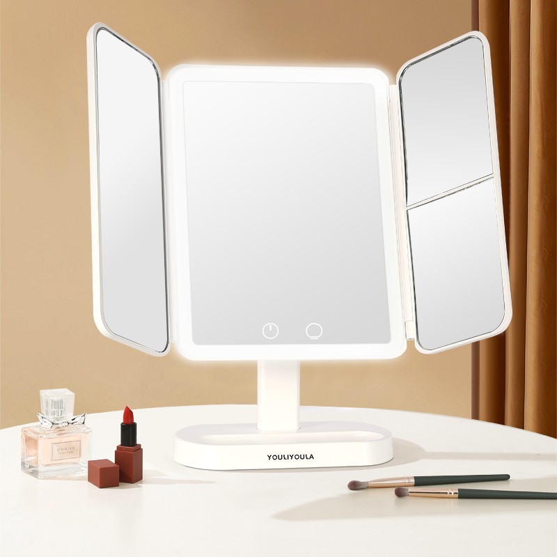 Makeup Mirror Factory - 2024 Top Seller Desktop Trifold Magnified LED Lighted