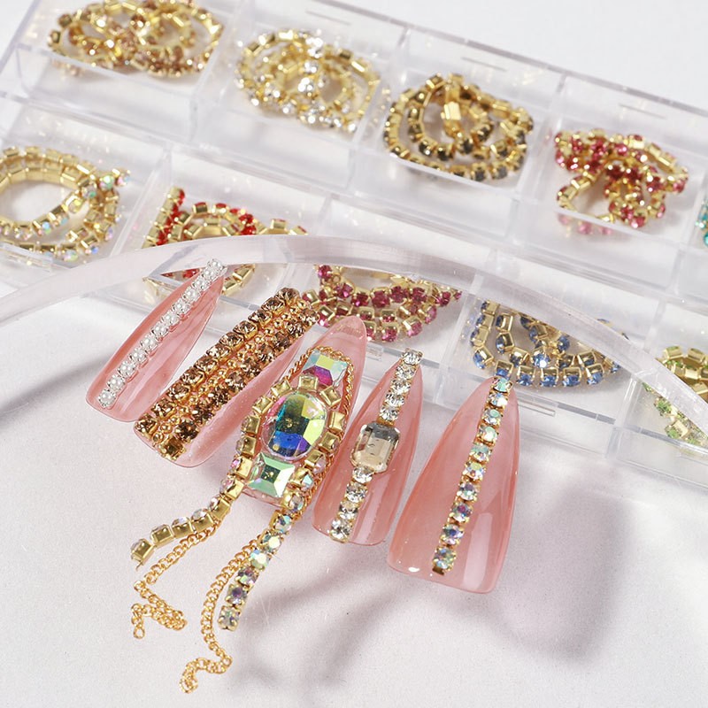 Nail Charms Manufacturer - 12 Grid Metal Chains Manicure Jewelry 3D