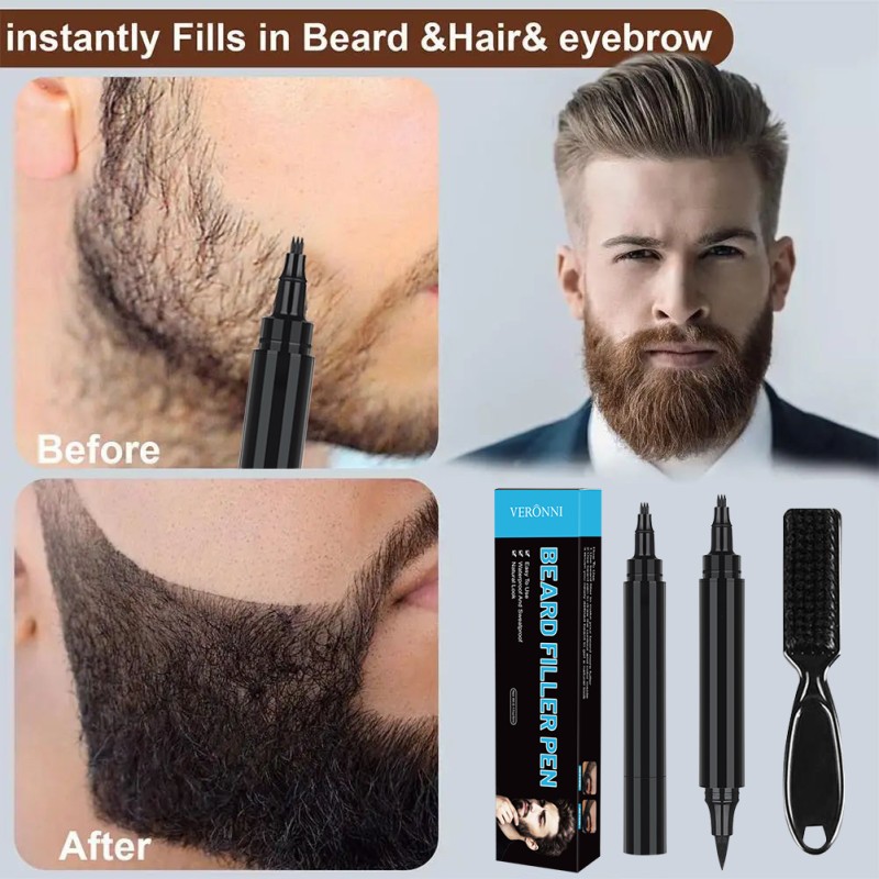 Beard Filler Pen Kit Supplier - VERONNI Waterproof Double-head Black with Brush