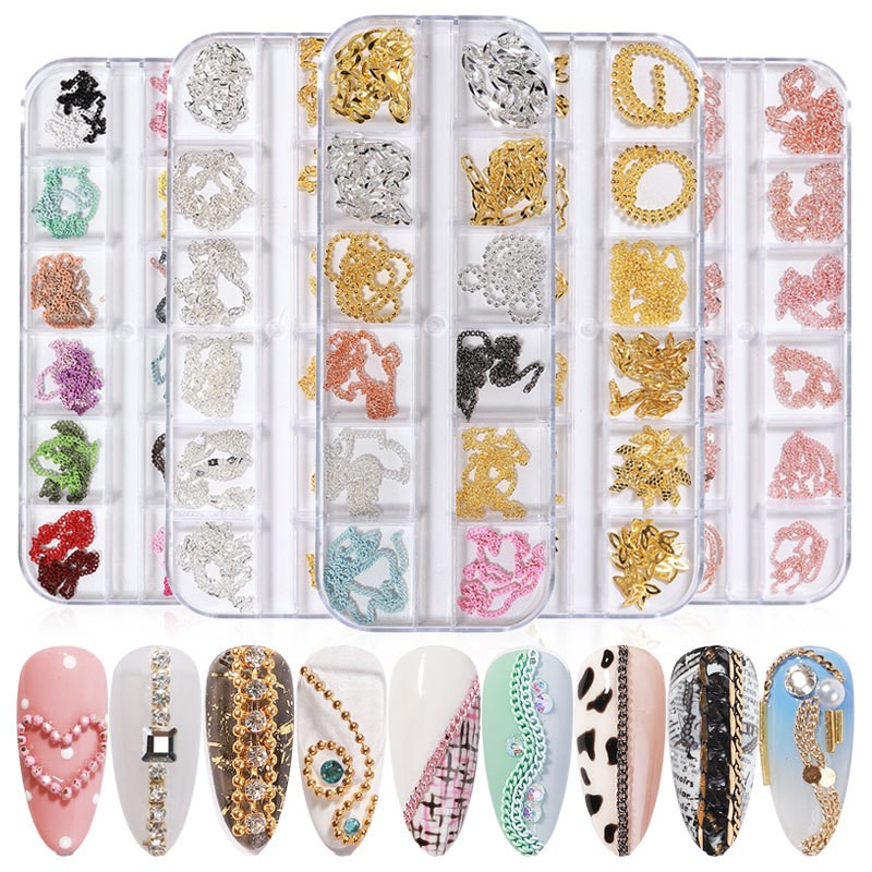 Nail Charms Manufacturer - 12 Grid Metal Chains Manicure Jewelry 3D