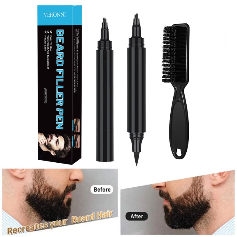 Beard Filler Pen Kit Supplier - VERONNI Waterproof Double-head Black with Brush
