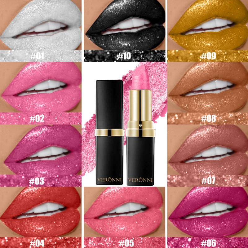 Glitter Lipstick Factory - 10 Color Waterproof Full Coverage Pearlescent