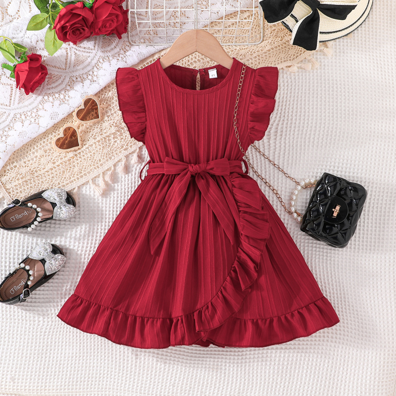 Girls Dress Supplier - 2025 Summer Fashion Solid Color Ruffle Belt A-line