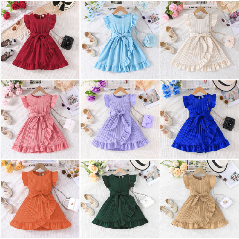 Girls Dress Supplier - 2025 Summer Fashion Solid Color Ruffle Belt A-line