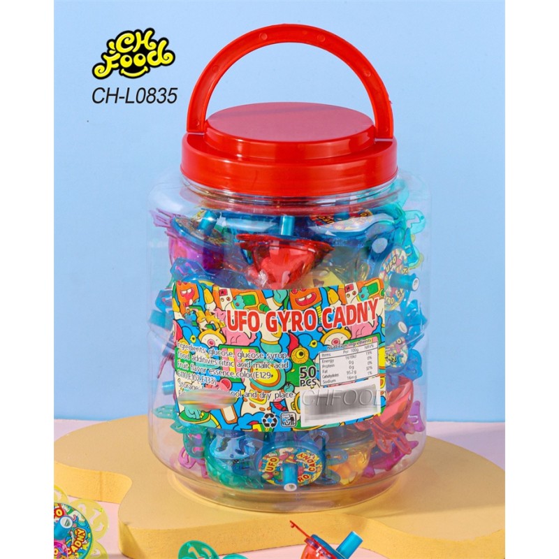 Wholesale Halal Plastic UFO Gyro Candy Toy Spinning Top Toy with Lollipop Candy Sweets for Kids