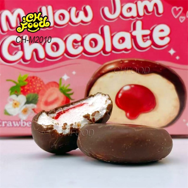 New Halal Crispy Chocolate Coated Strawberry Jam Filled Marshmallow Sweets Candy Wholesale